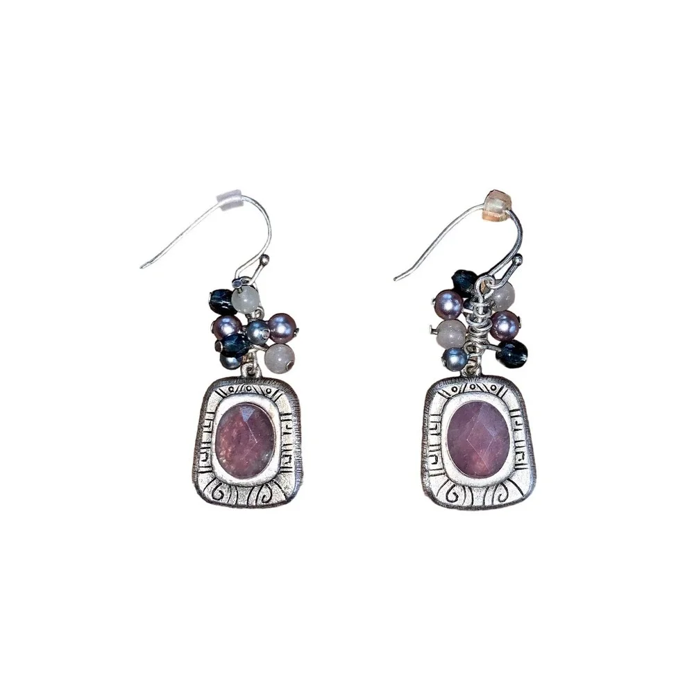 Sterling Silver Amethyst Color Stone Beaded Dangle Fishhook Earrings NWOT